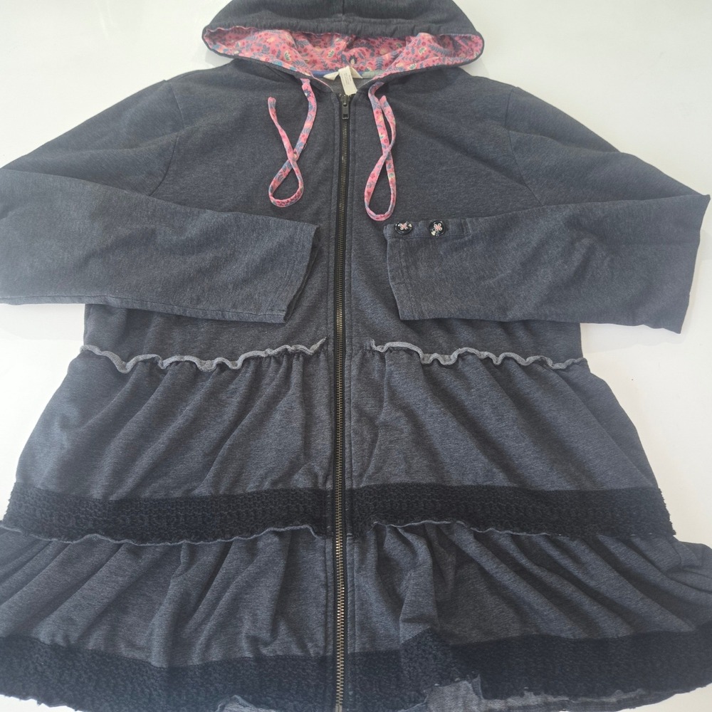 Matilda Jane Womens XL Charcoal Gray Tiered Ruffle Zip Up Hoodie Floral Trim - Picture 3 of 8